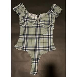 RUE 21 Small Green Plaid Corset Bodysuit Thong Snaps NWT
